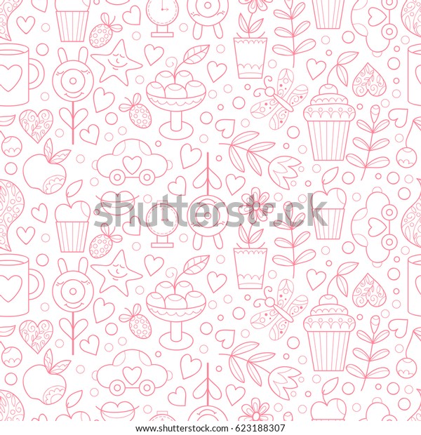 Vector doodle seamless pattern with\
sweets, hearts, coffee cup. Happy birthday background, girls stuff\
and cupcakes. Colorful yummy scrapbook\
paper.
