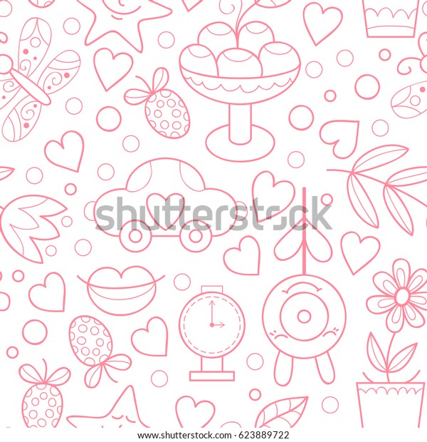 Vector doodle seamless pattern with sweets, hearts\
and flowers. Happy birthday background. Colorful yummy scrapbook\
paper.