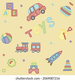 Vector doodle seamless pattern with toys. Hand draw collection of toys icons for baby shower or scrapbook. Cute illustration for children