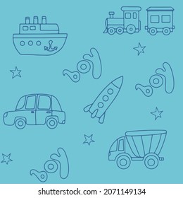 Vector doodle seamless pattern with toys. Hand draw collection of toys icons for baby shower or scrapbook. Cute illustration for children