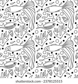 Vector doodle seamless pattern  underwater life with fish, seashell, seaweed. Texture for wrapping paper, fabrics, decor, banners, coloring book, cover.