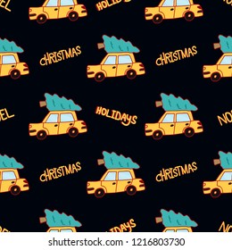 Vector doodle seamless pattern with yellow car and Christmas tree on dark blue background. Christmas festive doodle illustration.