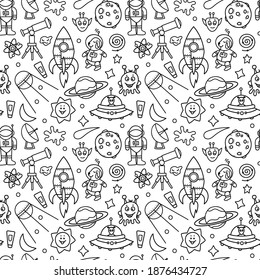 Vector Doodle Seamless Space Pattern.Cosmos Hand Drawn Elements in Sketch style.Illustration for Design, Textiles, Wrapping Paper,Wallpaper.Line,Outline Galaxy Objects. Isolated on white background.