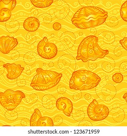 Vector doodle seashells yellow seamless pattern