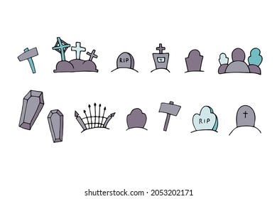 Vector Doodle Sepulcher Set. Grave, Coffin Isolated On White Background. Headstone, Crosses, Tomb On The Hills. Cemetery Cartoon Landscape. Sign Of Halloween, Day Of The Dead, Burial, RIP Illustration