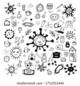 Vector doodle set about coronavirus, Covid-19. Stay home, walk at home, take care. Pandemic protection. Quarantine positive doodle, sketch. Icons, elements. Isolated on white background.