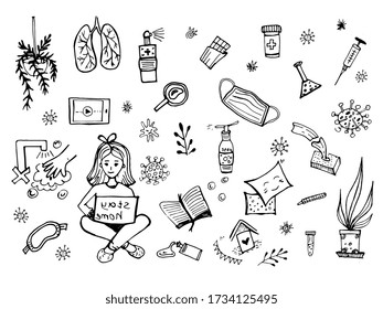 Vector doodle set about coronavirus, Covid-19. Stay home, walk at home, take care. Pandemic protection. Mask, hand washing, syringe, tablet, vaccine, icons, elements. Isolated on white background.
