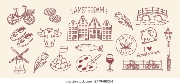 Vector doodle set of Amsterdam city symbols. Hand drawn elements including traditional houses, bicycles, tulips, windmill, cheese, and clogs.  Perfect for travel posters, branding, invitations and lifestyle design	