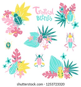 Vector doodle set with big decorative tropic bugs and tropis flowers and leaves. Bright beetles, trendy illustration. Scandinavian style.