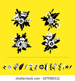 Vector doodle set of black and white bouquets. Isolated flowers, leaves and blossoms on yellow background.