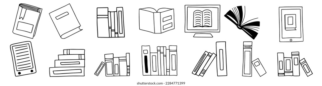 Vector Doodle set of books icons. Education elearning school concept. Pile of paper books, open book, book on computer screen, ebooks. Bookshelf, writing, reading, literature design.