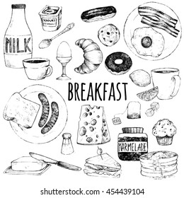 Vector Doodle Set. Breakfast. Scrambled Eggs, Bacon, Croissant, Donut, Yogurt, Milk, Bread, Sausages, Cheese, Butter, Sandwich, Pancakes, Muffins, Jam, Tea, Coffee, Eclairs, Lemon, Salt. Hand Drawing.