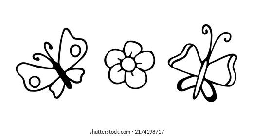 Vector doodle set with butterflies and flower. Hand drawn garden cliparts.