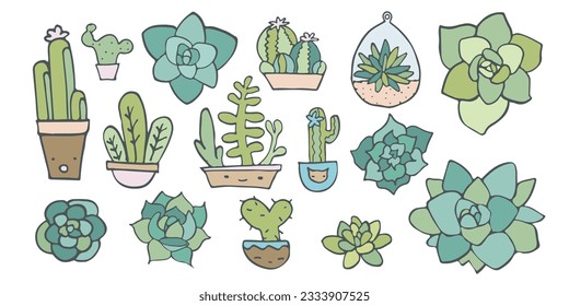 vector Doodle set of cactus plants, Aloe Arizona succulent, exotic gardening, hand drown icons isolated of white, outline Mexico cacti collection, cartoon line home plant