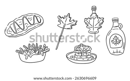 Vector doodle set of Canadian food items including poutine, pancakes, syrup and maple treats on white background. Cultural cuisine concept highlighting iconic national dishes in hand drawn style