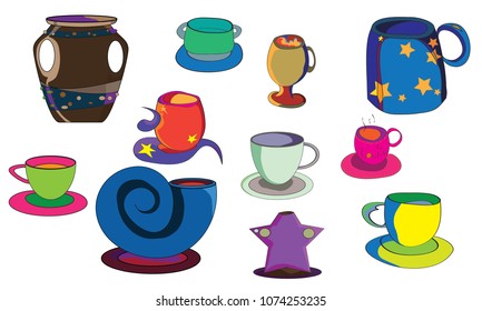 Vector doodle set of cartoon cups for tea or coffee on white background