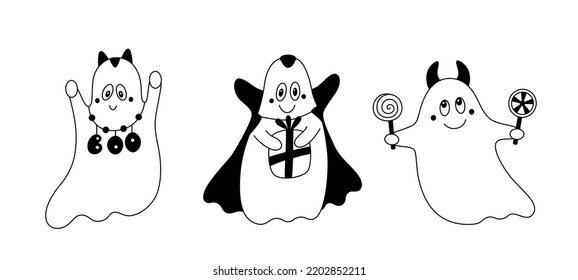 Vector doodle set of cartoon kind ghosts.Collection of festive cute childish halloween cliparts.Outline.Isolated on white background.