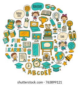 Vector doodle set with children Language school isolated on white background