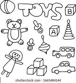 Conjunto de juguetes para niños vectoriales aislados en fondo blanco.