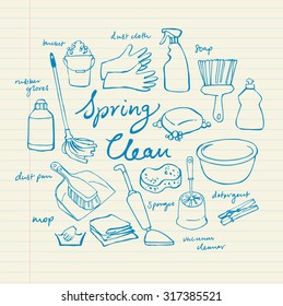 Vector doodle set of cleaning icons