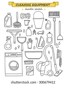 Vector doodle set of cleaning tools. Cleaning service. Cleaning supplies