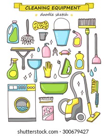 Vector doodle set of cleaning tools. Cleaning service. Cleaning supplies