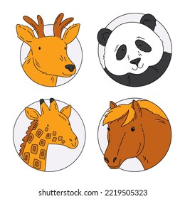 Vector doodle set of clipart with cute animals, deer, panda, giraffe, horse