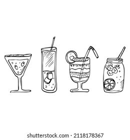 Vector doodle set of cocktails and alcohol drinks. line tropical cocktails and summer juice