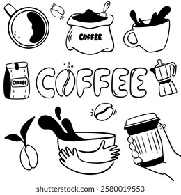 Vector doodle set for a coffee shop: cup, coffee beans, hand with a glass