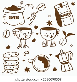 Vector doodle set for a coffee shop: cups, beans, a hand with a glass, a pot, a bag of coffee, a bag of coffee, cookies, coffee cups talking