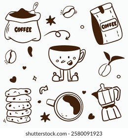 Vector doodle set for a coffee shop: cups, beans, a hand with a glass, a pot, a bag of coffee, a bag of coffee, cookies, coffee cup talking