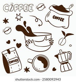 Vector doodle set for a coffee shop: cups, beans, a hand with a glass, a pot, a bag of coffee, a bag of coffee, coffee cups talking