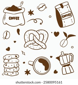 Vector doodle set for a coffee shop: cups, beans, coffee pot, bag of coffee, bag of coffee, cookies with chocolate, pretzel