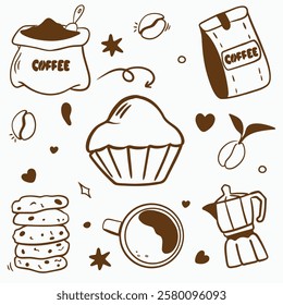 Vector doodle set for a coffee shop: cups, beans, coffee pot, bag of coffee, bag of coffee, cookies with chocolate, cake