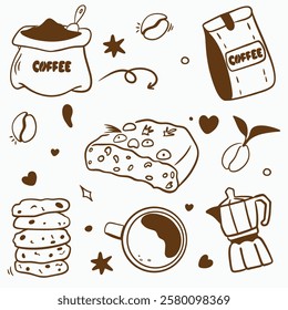 Vector doodle set for a coffee shop: cups, beans, coffee pot, bag of coffee, bag of coffee, cookies with chocolate, ciabatta