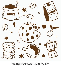 Vector doodle set for a coffee shop: cups, beans, coffee pot, bag of coffee, bag of coffee, cookies with chocolate chips, stars