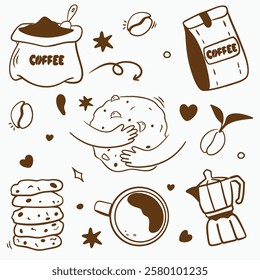 Vector doodle set for a coffee shop: cups, beans, coffee pot, bag of coffee, bag of coffee, cookies with chocolate chips, stars, hearts