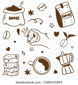 Vector doodle set for a coffee shop: cups, coffee beans, pot, bag of coffee, bag of coffee, cookies with chocolate chips, stars, hand