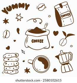 Vector doodle set for a coffee shop: cups, beans, coffee pot, bag of coffee, bag of coffee, cookies with chocolate chips, stars, lettering