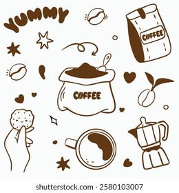 Vector doodle set for a coffee shop: cups, beans, coffee pot, bag of coffee, bag of coffee, cookies with chocolate chips, plant