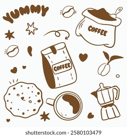 Vector doodle set for a coffee shop: cups, coffee beans, coffee pot, bag of coffee, bag, cookies with chocolate chips, stars, lettering yammy