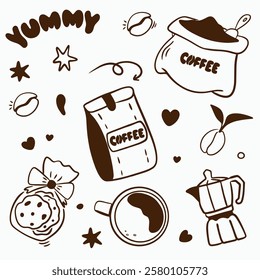 Vector doodle set for a coffee shop: cups, beans, coffee pot, bag of coffee, bag of coffee, packaging of chocolate chip cookies, stars