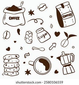 Vector doodle set for a coffee shop: cups, beans, coffee pot, bag of coffee, bag of coffee, packaging of chocolate chip cookies, sugar, spoon, bun