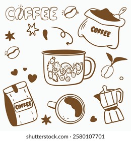 Vector doodle set for a coffee shop: cups, beans, coffee pot, bag of coffee, bag of coffee, packaging of chocolate chip cookies, sugar, spoon, cup with flowers