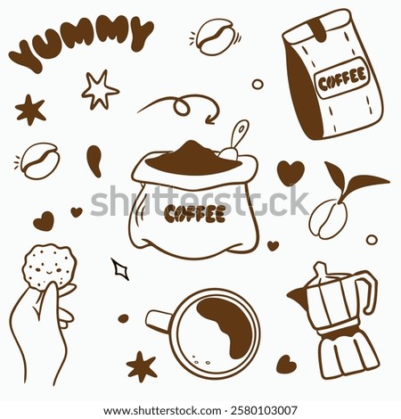 Vector doodle set for a coffee shop: cups, beans, coffee pot, bag of coffee, bag of coffee, cookies with chocolate chips, plant