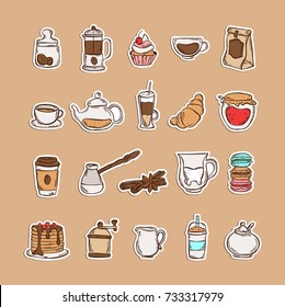 Vector doodle set of coffee and tea icons isolated on white background: grinder, beans, honey, frappe, coffee to go, teapot, cinnamon, milk, croissant, macarons, cake, pancakes, milkshake. Stickers