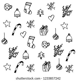 vector doodle set or collection of hand drawn, simple sketches of christmas icons, such as cup, sock, tree, santa, snow, ball and present. 