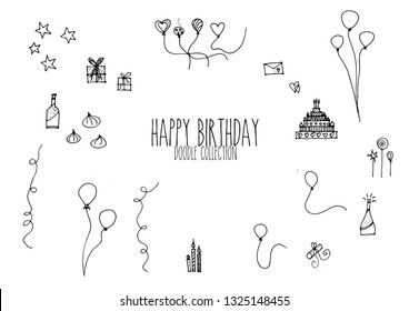 vector doodle set or collection for a happy birthday card, invitation, or a background for a party, consists of cake, balloons, stars and gifts illustration