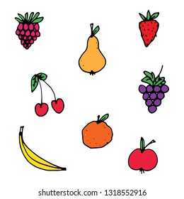 vector doodle set or collection of a healthy, colorful, organic fruits, drawn by hand, perfect as a funny wallpaper, background, illustration or a seamless pattern of summer, natural and tasty food