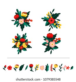 Vector doodle set of colorful bouquets. Isolated flowers, leaves and blossoms on white background.